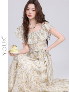 YOUXIANG | Đầm eo cao cổ vuông viền bèo