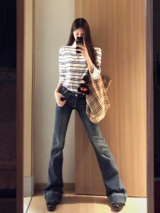 Low Waist Bell Bottom Denim Jeans Womens Stretchy Fitted Ankle Length Pants Retro Blue High Rise Extra Long Horse Hoof Jeans