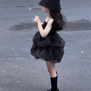 Girls Summer New Style Black Strap Vest Dress Baby Mesh Puffy Skirt Children Sleeveless Princess Dress Cotton Fabric Sweet Style
