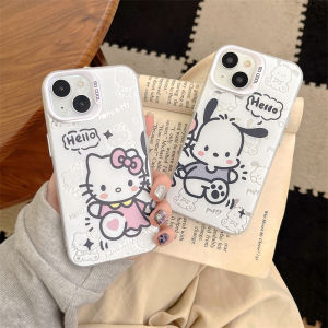 Cartoon Silver Phone Case for iPhone 15 pro Max Apple 14 plus Cute Kitty Cat Design Shockproof Couples Phone Cover Acrylic Material