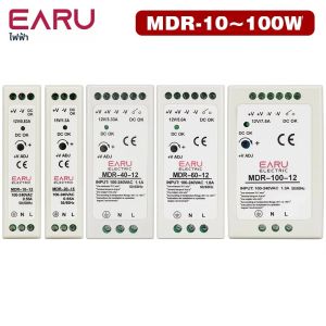 แหล่งจ่ายไฟฟ้ากระแสตรงและกระแสสลับแบบราง Din ขนาดเล็กสำหรับอุตสาหกรรม MDR-10W 20W 40W 60W 100W แบบสวิตชิ่งเอาต์พุตเดี่ยว 12V 24V 48V 100V-240V