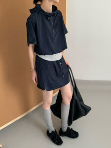 Shalldoer | Sporty Two-Piece Set Womens Summer Cool Short Sleeve Hoodie Mini Skirt Outfit Casual Fashionable Ensemble Braided Pattern