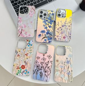 KISSCASE Plating Laser Flower Painted IMD Phone Case For iphone 15 14 13 Pro Max Colorful Matte INS Style PC+TPU Hard Anti-fall Shockproof Back Cover For iphone 15 14 13