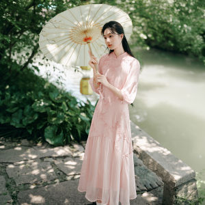 XIANGYING | Đầm Chiffon Hồng Trung Quốc Mới Kiểu A-Line Cải Tiến Cheongsam