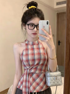 GUZILIAN | French Vintage Color Block Plaid Off-Shoulder Cinched Waist Tie Tank Top