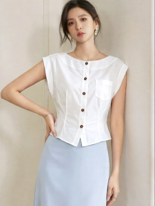 Roey s house | Áo Blouse Trắng Không Tay Dây Đan Mô Phỏng Cổ Thuyền Nút Đơn