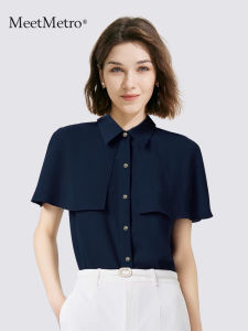 MeetMetro Maier Casual Commute Shirt Womens Design Sense Summer New Style Dark Blue Professional Shirt Straight Tube Type