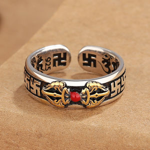 Retro Vajra Ring Adjustable Open Design with Thai Silver and Red Stone