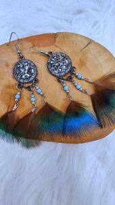 Ready Stock SG Silver Emblem Blue Green Peacock Petite Feather Earrings Handmade Boho Feather Earrings