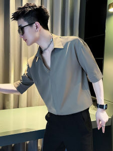 Mens Ice Silk Short Sleeve Shirt V-Neck Casual mid Sleeve T-Shirt Summer Trendy Brand Fashionable Breathable Lightweight Top