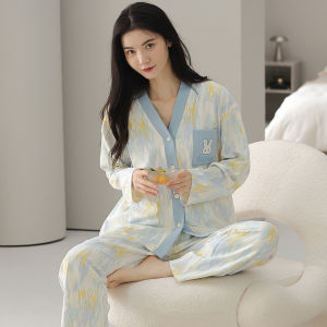 MiiOW | ชุดนอนผู้หญิงผ้าฝ้ายแท้ระบายอากาศได้ดี แขนยาว กางเกงขายาว ไซส์ใหญ่ เสื้อผ้าใส่อยู่บ้าน ใส่ไปกลางแจ้งได้ คอกลม แขนยาว ฤดูใบไม้ร่วง