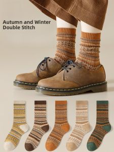 Miiow | Retro Cotton Blend Womens Socks Ethnic Style Long Antifuzz Double Needle Dual Path Midi Socks Trendy Cat People socks