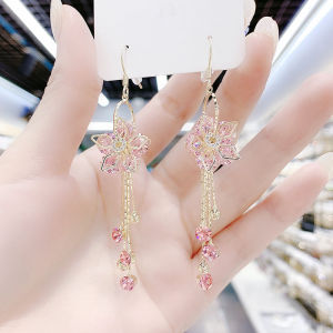 Elegant Crystal Five-Petal Flower Earrings Trendy Floral Tassel Dangle Super Fairylike Popular Womens Fashion Jewelry