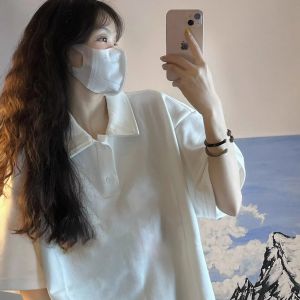 Pure Cotton White Loose Short Sleeve Polo Shirt Womens Casual Turn-down Collar T-shirt Top for Summer New Arrival