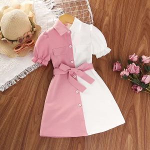 Shirt Dress for 4-7 Years Kids Pink and White Patchwork Short Sleeve Button-Down Dress Baby Girls Leisure Style Summer Clothes