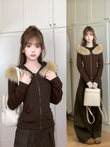 SUHUIQIAN | Short High-Waist Warmth Enhanced Brown Fleece Sweatshirt