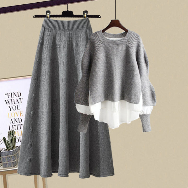 Slimming and Youthful Plus Size Grey Knitted Skirt Suit | Lazada Singapore