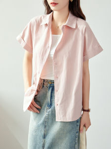 เสื้อเชิ้ตแขนสั้นผ้าฝ้ายแท้สีชมพูสำหรับผู้หญิงในช่วงฤดูร้อน สไตล์ญี่ปุ่น ลำลอง หลวม แขนสั้น คอโปโล สีพื้น เสื้อเชิ้ตผู้หญิง