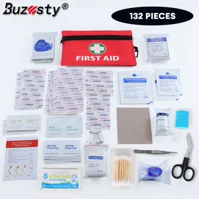 Buzesty Mini First Aid Kit Full Set132 Piece Small Waterproof Emergency M e d i c a l Kit for Travel Car Home Office Camping Hiking - Compact Outdoor Survi-val Kit Includes Emergency Foil Blanket Scissors