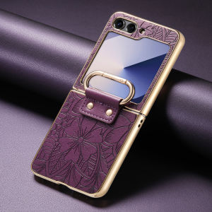 For Samsung Galaxy Z Flip 7 FE 6 5 4 Leather Embossed Flower Phone Case with Ring Buckle Electroplated Shockproof Cover