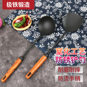 Handcrafted Pure Iron Wooden Handle Kitchen Spatula And Spoon Set Rustproof Black Color for Home Use Cooking Utensils