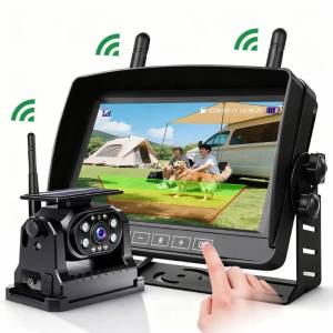 HD Wireless Solar Energy DVR Recording 7 Inch Monitor Rear View Backup Camera Reversing Cam Dual for Camper/Truck/Trailer/RV/Bus
