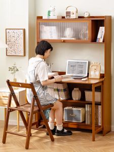 With a Bookcase Desk Bookshelf Integrated Junior High School and Elementary School Students Household Solid Wood Bamboo Writing Study Desk Foldable Computer Desk