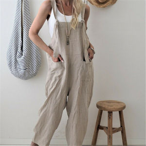 Plus-Size Solid Color Bib Pants with Pocket Street Style Cotton Linen Blend Waist High Jumpsuit for Women