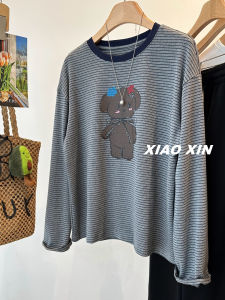 Loose Long Sleeve T-Shirt Womens Striped Cartoon Anti-Aging Sweet Korean Style Top plus Size 200 Pounds Spring Autumn New