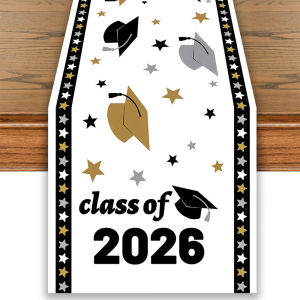 1pc Table Runner Graduation Theme Black Gold Silver Star Grad Cap Pattern Polyester Table Runner for Graduation Party Decoration
