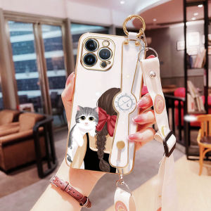 Callfire With Long Wristband Casing for Infinix Note 30i Note 30 Pro 4G 5G Note 30 Vip Smart 7 X6710 X678 X6711 X6833B X6515 Bowtie Girl And Cute Cat Pattern Luxury Chrome Plated Soft TPU Square Camera Protection Anti Rubber Cases Prevent Falling