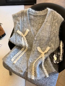 QINGNAER | V-Neck Grey Lace Bow Knitted Sleeveless Vest