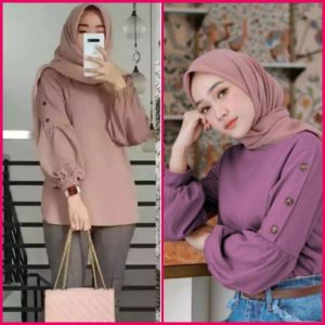 Baju Atasan Blouse Wanita Lengan Balon Jenny Button Top Kekinian By Azka Collection