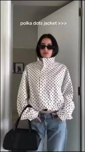 Womens Jacket 2026 European Style Fashion Sport Polka Dot Lace-Up Pocket Zipper Stand Collar Casual Elegant Womens Parka Coat