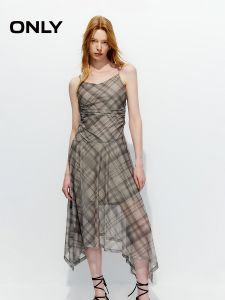 ONLY | Irregular Check Pattern Adjustable Straps Summer Waist Cinch Dress