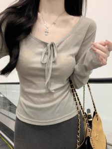 Áo Thun Dài Tay Cổ Chữ V Hở Vai Ôm Vừa Vặn Cho Nữ Mùa Thu Phong Cách Hàn Quốc Thanh Lịch Mỏng Mới 2025 Áo Thun Cotton