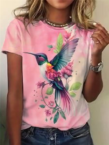 Pink Tie-Dye Womens Tee - Hummingbird & Floral Graphic Vibrant Tropical Bird Print Design for Casual Daily Wear