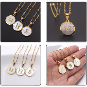 🔥B.two👍 Mother-of-pearl lnitial Letters Necklace Shell Pendant Circle Stainless steel COD