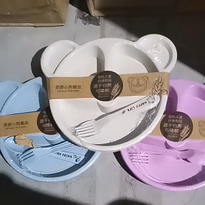 SKISOPGO Kid Spoon Fork Divided Dish Plate Wheat Straw Food Grade Mickey Cartoon Training Feeding Baby Bowl Set