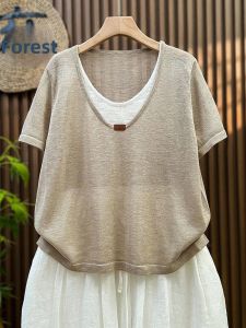 V.C.I | Design Faux Two-piece V-neck Loose Summer T-shirt