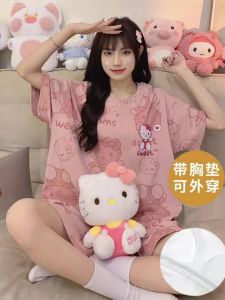 Kitty Cat Sleepwear with Chest Pad Summer New Short Sleeve Thin Briefs Cartoon Home Clothes Two-Piece Set for Girls
