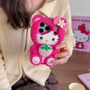Sanrio | Korea Cute Bowknot Strawberries Sanrio Hello Kitty 3D Silicone Soft Phone Case For iPhone 17 16 15 14 13 Pro Max 16 15Plus Cover