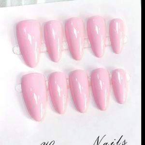 10pcs Handmade Solid Pink Press On Nails Almond Long Glossy Sweet Fake Nails Minimalist Decor False Nail