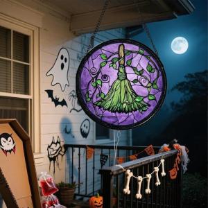 【H】Stained Glass Halloween Pumpkin Suncatcher Cute Ghost Design For Halloween Party Window Hanging Decor