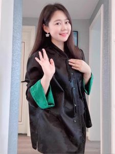 Elegant Double-Sided Satin Chinese Style Jacket Spring 2024 Fashion High-End Feel Green And Black Versatile Outerwear Top