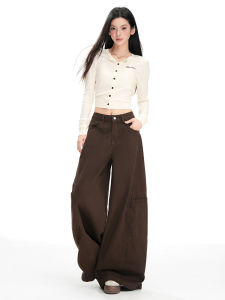 High Waist Wide Leg Denim Jeans Womens Autumn New Style Casual Slimming Straight Cut Pants American Style Pocket Detail