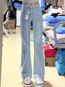 Light Blue High-Waist Micro-Pants for Women Summer Thin Denim Cotton Polyester Polyurethane Elastane Body Shaping Waist-Slimming Bell Bottoms