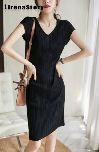 IRENASTORY Dress for women Korean elegant style v-neck short sleeve mid dress knitted stretching knee dress