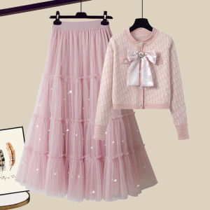 Bộ Đồ Hai Mảnh Áo Len Cardigan Ren Cổ Tròn Và Chân Váy Ngắn Cho Nữ Mùa Thu Năm 2025 Bộ Đồ Hai Mảnh Cao Cấp Có Nơ Bướm