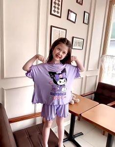 【Manila】Kuromi Pajama Terno For Kid Girl 2-14yrs Summer Shortsleeve Silk Thin Breathable CARTOON DESIGN SLEEPWEAR Gifts Teens Girls Pantulog Pambahay